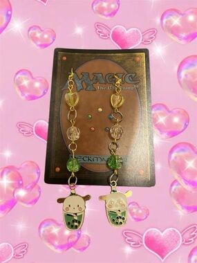 Cute Boba pochacco Dangle Earrings — Gold Tone with Green & Pink Accents